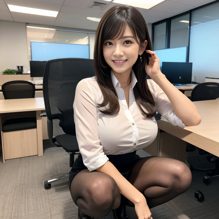 （ultra-detailliert、8k、Raw photo）、Solo、（A woman in her 30s wearing a Japanese company uniform）、s Office、Night、（black pantyhose）、squatting、a smile、huge tit、real looking skin