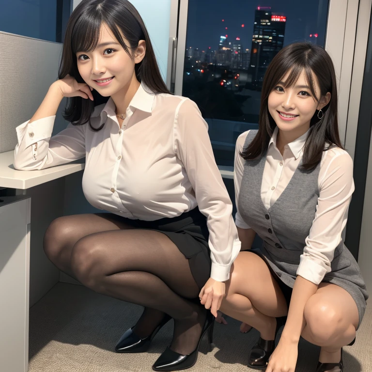 （ultra-detailliert、8k、Raw photo）、Solo、（A woman in her 30s wearing a Japanese company uniform）、s Office、Night、（black pantyhose）、squatting、a smile、huge tit、real looking skin