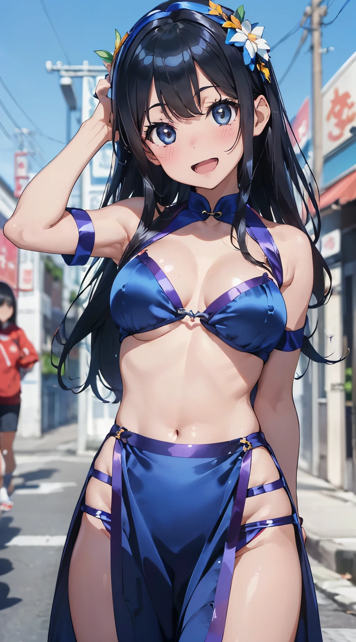 1womanl,Black hair,years ,(()),Beautiful breasts,(((sexy white and blue shiny cheongsam)))(())(((Blushing cheeks、Smile with open mouth)),(((Satin Narico))),((( portlate))),Crowds,white and blue cheongsam