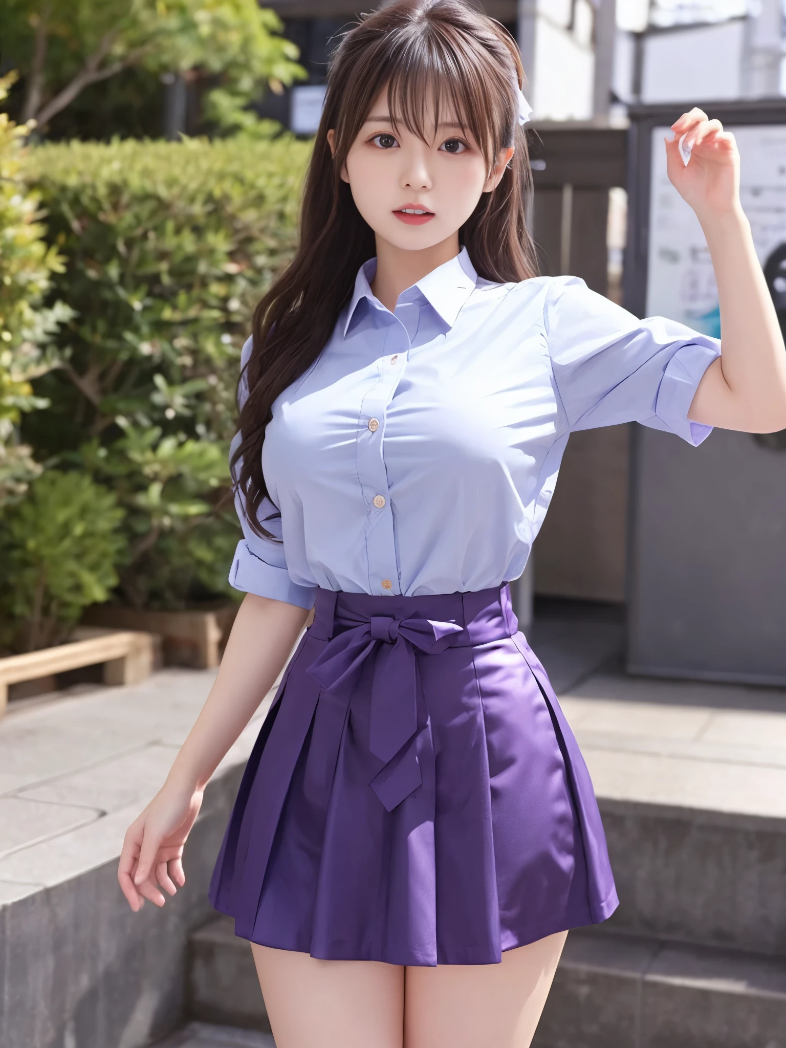 japanaese girl、Girl in her 20s、perfect body type、Transparency、huge tit、Navy blue skirt、purple dress shirt、hposing Gravure Idol、shiny thighs