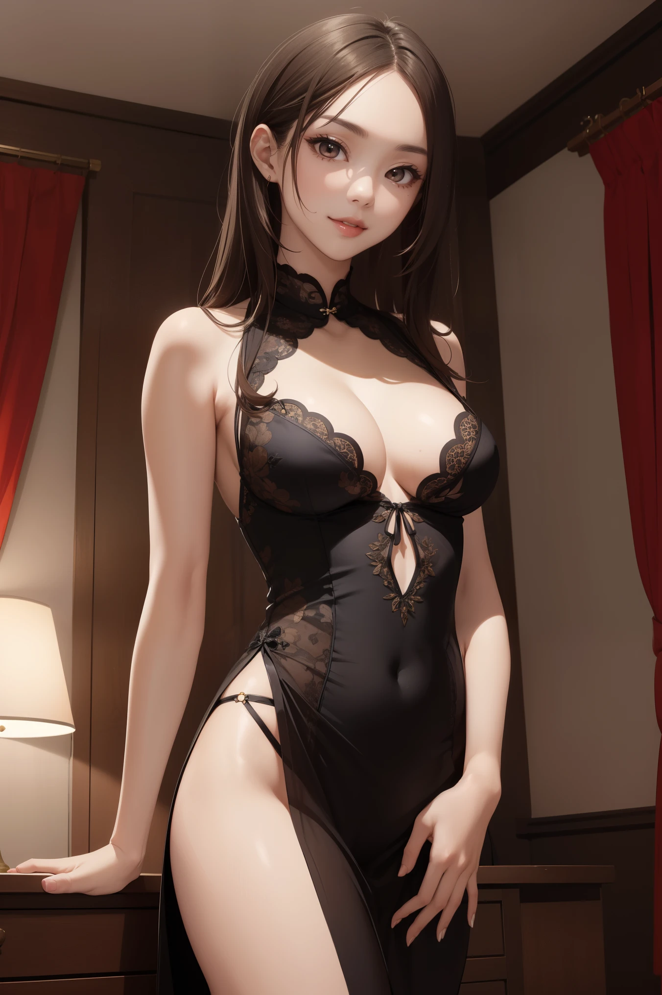 (masterpiece, best quality:1.3), super fine illustration, 1girl, solo, standing, full body, brown hair, small eyes,
BREAK beautiful face, large breasts, slender body, seductive smile, shiny skin,
BREAK Cheongsam, cleavage, side slit, bracelet, indoors, darkness, simple room