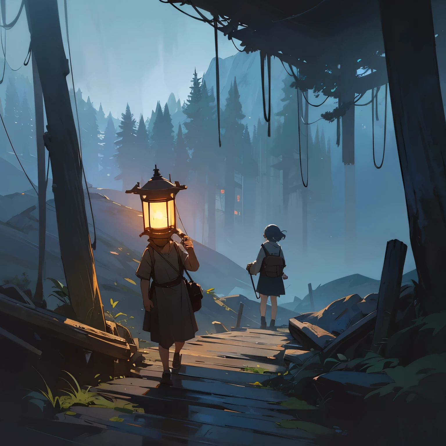 Holding a kerosene lamp,one-girl,Deep mountains and old forests,natta,gloomy sky,Adventurous