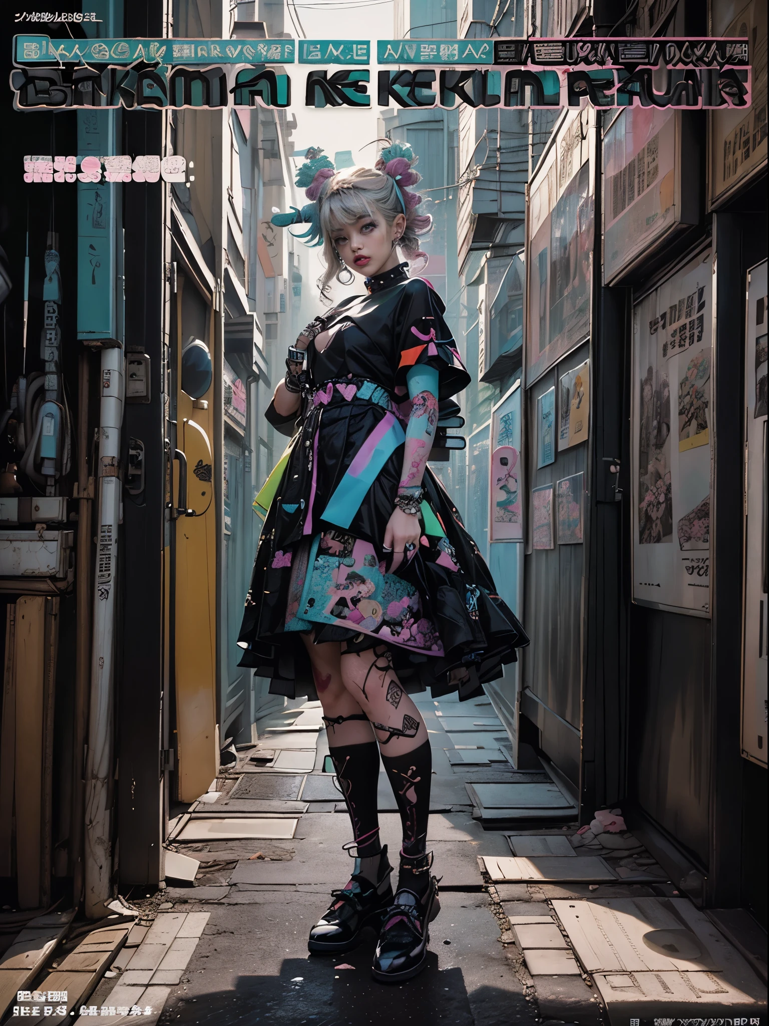 Flowing_contour biomechanical__cybernetic_airbrush___Strange__(((Japanese Harajuku style Fashion_((((Magazine_cover), (black Harajuku style clothing), bright colors)))__art_decor_Border)))__porcelain_and_Platinum / Futuristic Cyberpunk woman with porcelain skin, (cybernetic implants.)