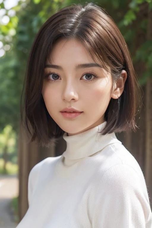 Japanese actress Asami Mizukawa、Transparent beautiful skin、Cool impression with long slit eyes、speak slowly and carefully、hidden core strength、black hair suits you、Makeup that is not too flashy、Makeup looks natural too、Beautiful posture、a small face、The nasal muscles are passing through、the corners of the mouth are turned upwards、forehead width、Less than one third of the vertical width of the face、The border between the eyebrows and the base of the nose is deeply concave、The distance between the left and right eyes is、、narrower than the width of one eye、distance between eyes and eyebrows、Narrower than one vertical width of the eye、The outline is、Oval or long surface type、The shape of the jaw resembles an upside down 、Hairstyles、natural one-len、(masutepiece, top-quality、high-detail:1.4、Very attractive beauty、Add intense highlights to the eyes、Look firmly at the camera:1.4、Beautiful woman full of charm、Ideal ratio body proportions、Perfect Anatomy、Brunette Short Bob Hair、Lustrous hair、lipgloss),1girl in, 独奏, Light brown shiny hair, muffler,realisitic, looking at the viewers、Tilt your head slightly, Bright colored crystal light blue eyes, short shiny hair、 White turtleneck outfit with a hole in the center of the chest,Sexy white turtleneck knit sweater with a round hole in the middle of the chest、 s lips, lipgloss, The upper part of the body、big eye、Lashes、The face is a little red、Embarrassing)、((italian road in winter、Absolutely beautiful bangs:1.4))、((big eyeのショートヘアー、Put very strong highlights in your students、{Gigantic|Big|Huge|Mega} breasts:1.4、very Bigger breasts、gazing at viewer、Very beautiful beauty、Put your ears out、long neck、little smiling、Beautiful teeth、Open your mouth and smile、Heart-shaped pupil))、28 year old、Very cute supermodel、