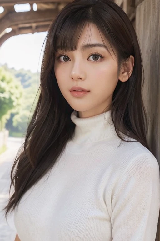 (Highest quality, 8k, 32K, masterpiece, Ultra-high resolution:1.2), Cute Japanese Girl, Clothed Big Tits, (Huge breasts:1.4), Long black hair, bangs,
(White turtleneck sweater), Tight waist, (Outdoor, garden, blue sky),Upper body close-up、
