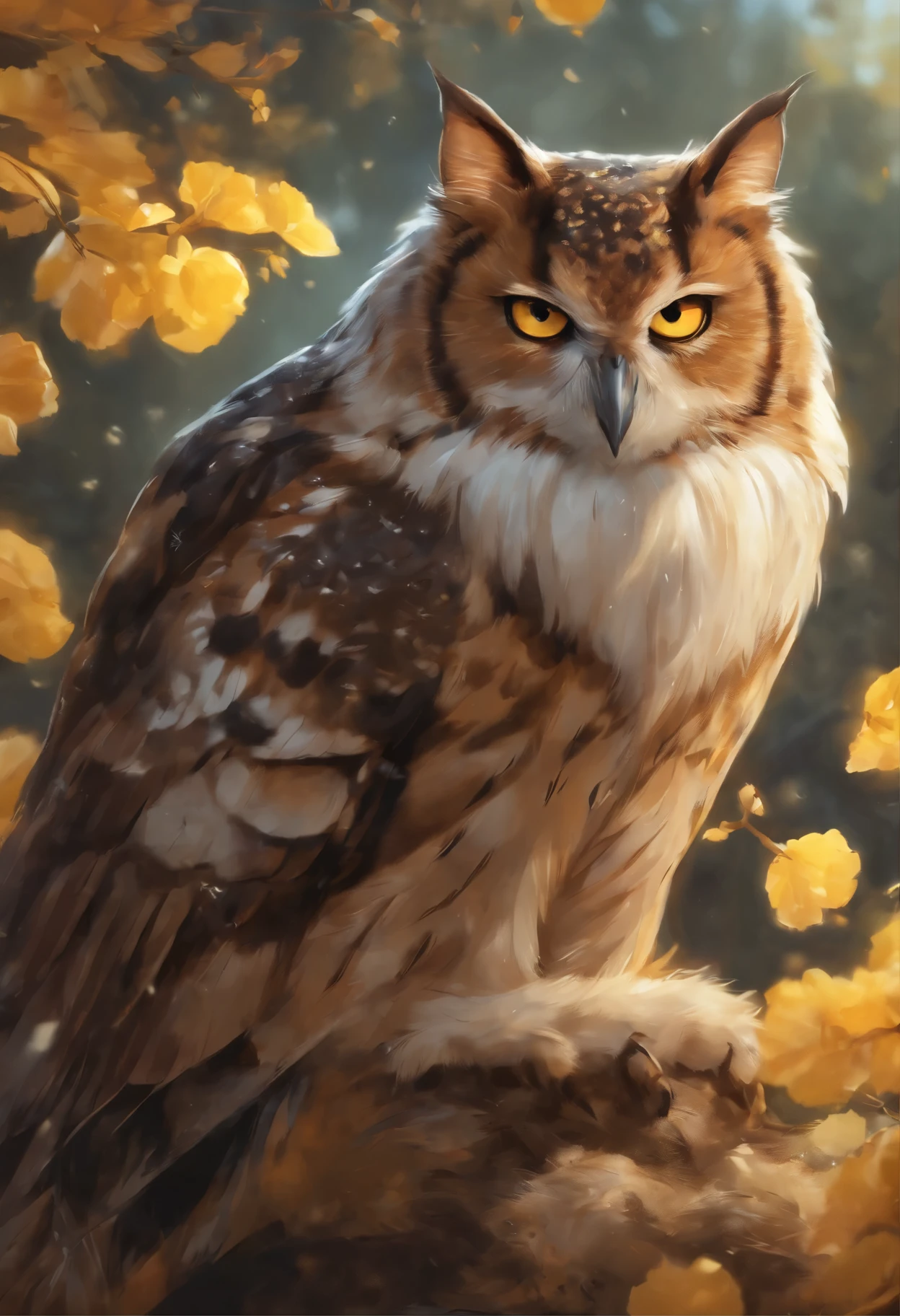 Close-up of an owl+cat, Color (rusty, yellow, black) owl babies+cat, owlets+catята, fluffy clouds, casimir art, illustration of shigenori soejima, boris valejo. Smiling Russian Spaniel, Detailed drawing of an anime character, detailed anime key figure, Granblue Fantasy, Beautiful owl+cat в искусстве убийцы демонов, Taisho Roman, A clear portrait of an RPG, Masamune Shiro, anime key figure