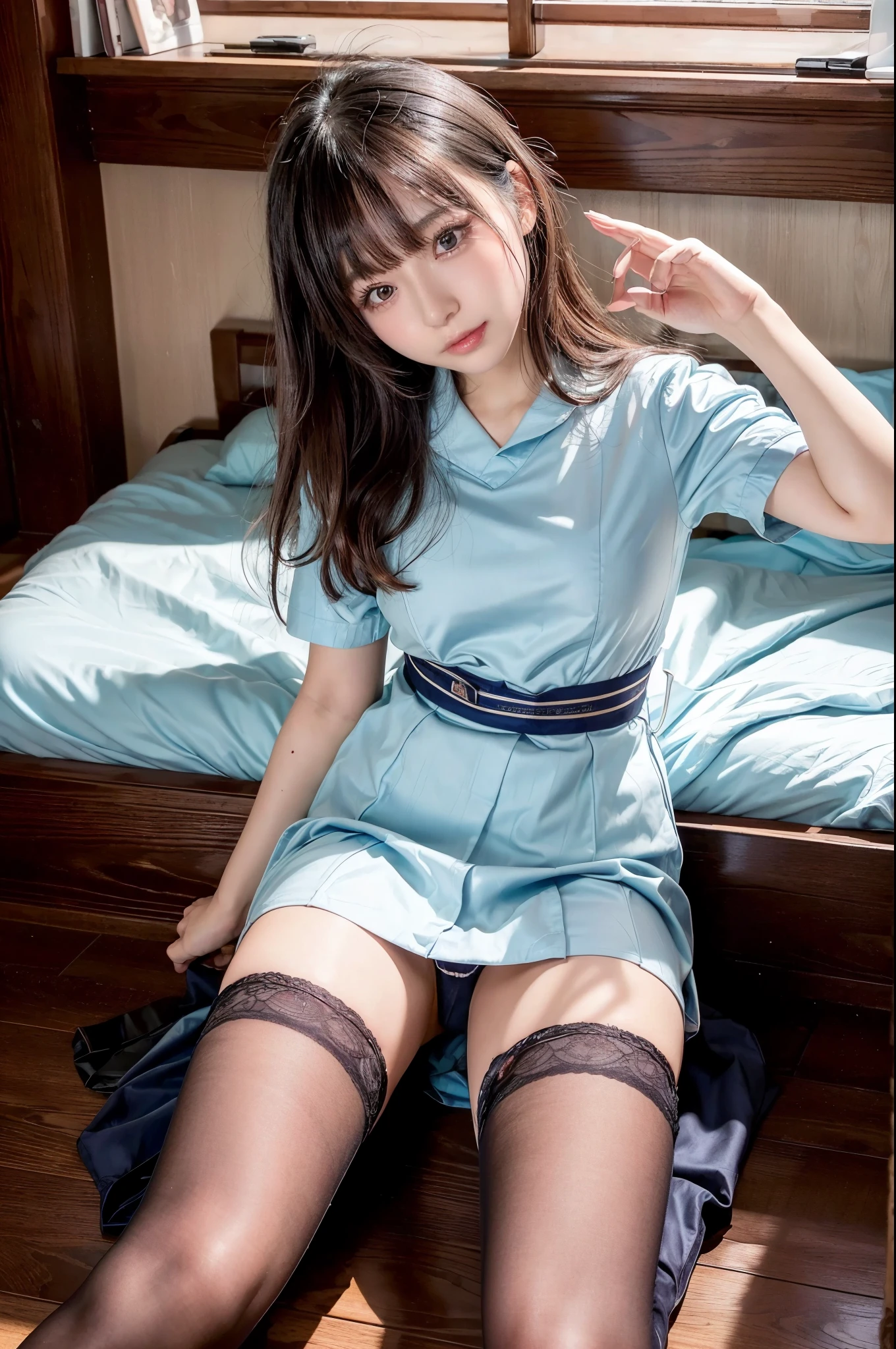 ulzzang -6500-v1.1, (Raw photo:1.2), (Photorealsitic),  (Real:1.4), ((FULL BODYSHOT:1.6))、Girl lying in bed, (wearing japanese school uniform:1.3). (Ultra-realistic pantyhose:1.2), Schoolgirl Uniform、huge filesize, hight resolution, ighly detailed, top-quality, [​masterpiece:1.6], illustratio, ighly detailed, nffsw, finely detail, top-quality, 8k wallpaper, Cinematographic lighting, cute droopy eyes beautiful big eyes、Pieckfinger, ((masutepiece)), Best Quality, 1girl in, , eye shadow, realistic skin textures、shinny skin、Exposed thighs!!! , make - up、