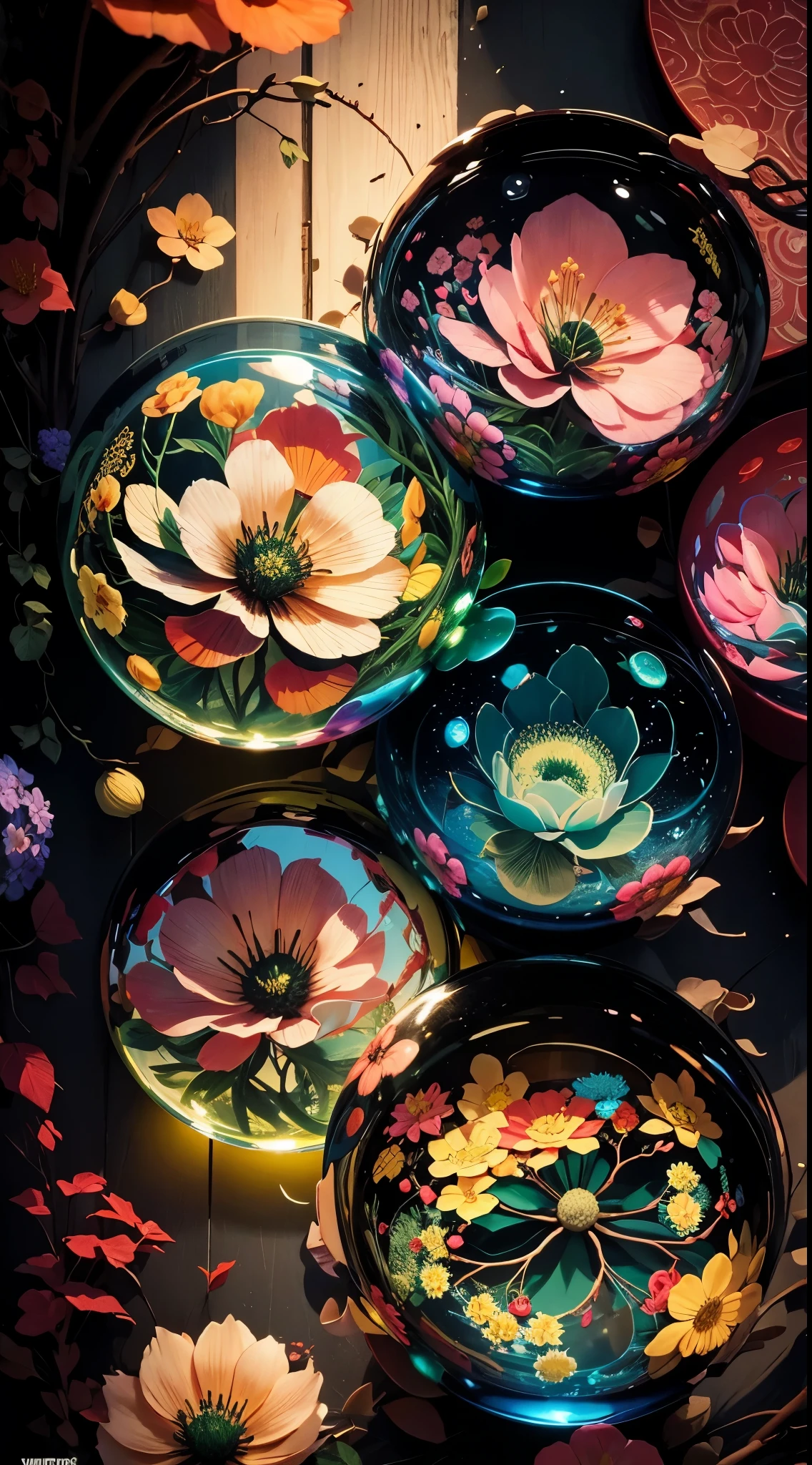 lots of bubble art、Flowers inside the bubble、Chinese big breasts、vivid and colorful、reddish、verdant、green grass、amarelo