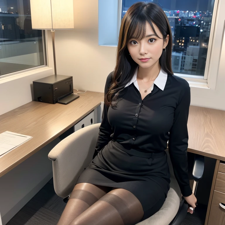 (ultra-detailliert、8k、Raw photo)、Solo、(A woman in her 30s wearing a Japanese company uniform)、s Office、Night、(black pantyhose)、Sitting at a desk、seductiv、huge tit、real looking skin