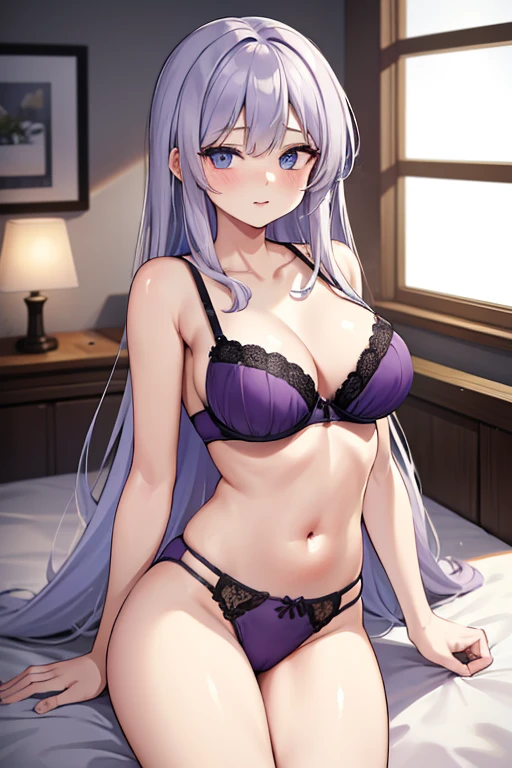 ((Best Quality)), ((Masterpiece)), (detailed), ((white hair)), blue eyes,, (((purple color bra))), (((purple color underwear))), (((purple color lingerie))), sexy, large breast, bed