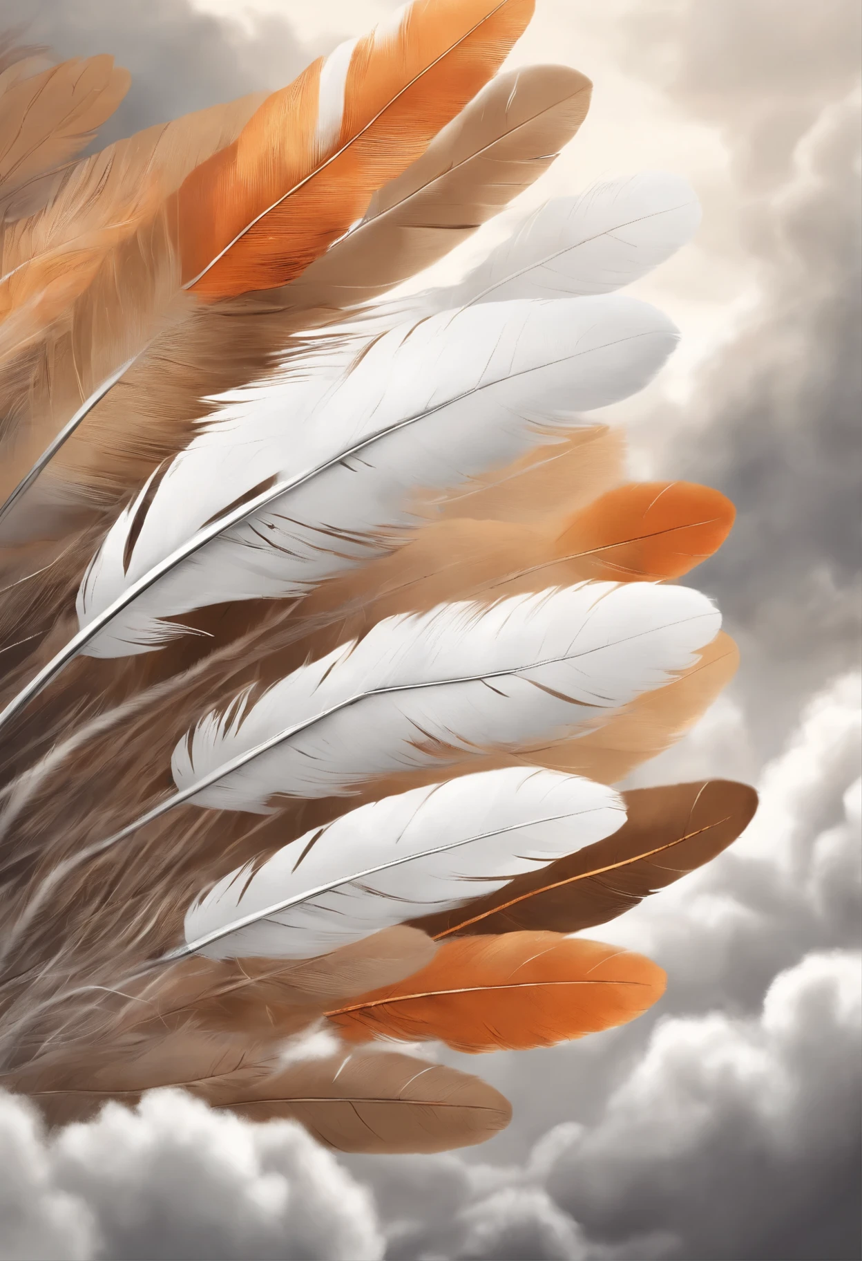 Close-up of falling bird feathers,  Color (White, Brown, Orange,gray in color, Colored)  Spinning, fall with the clouds,  wind feather, fluffy clouds, casimir art, illustration of shigenori soejima, boris valejo.  Detailed drawing