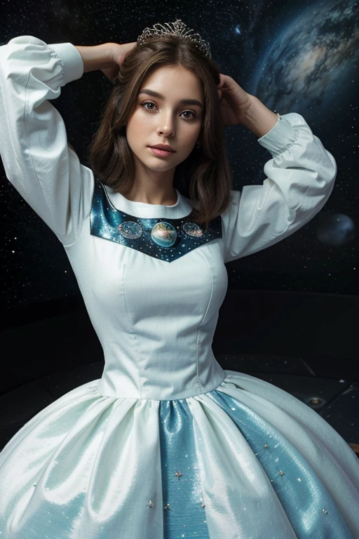princesa espacial, perfeita, cabelo longo, 3D, outer space, estrelas, planetas, princesa vestido de branco