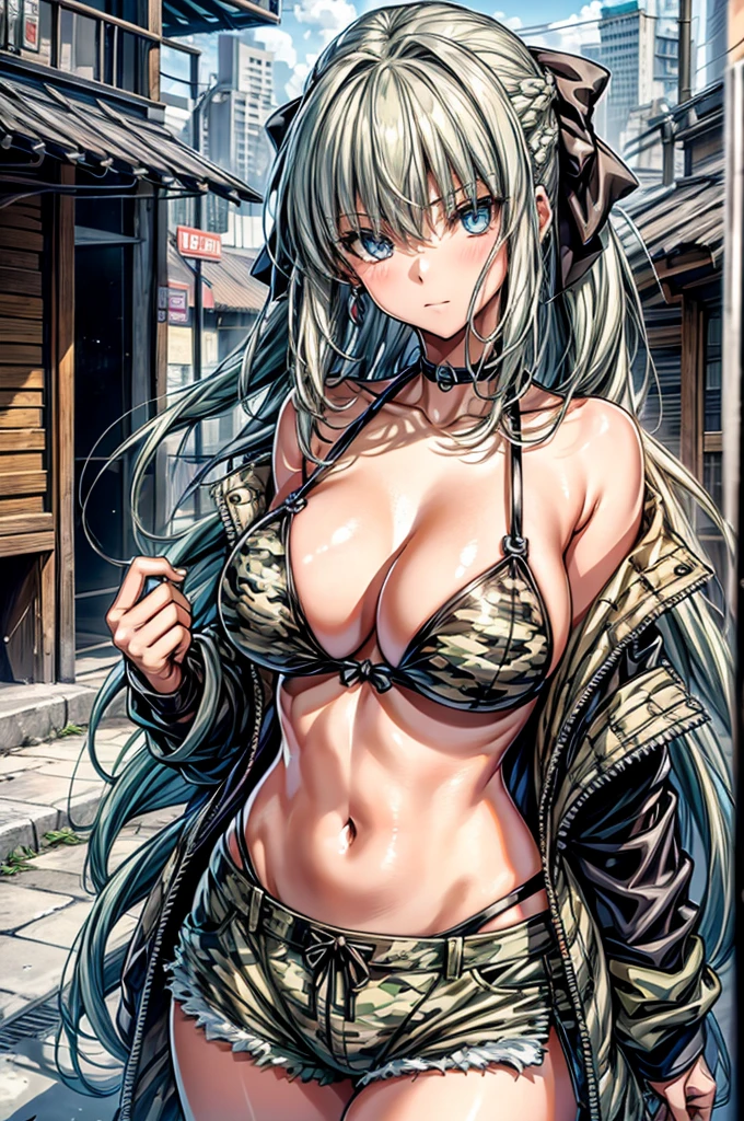 (Enrich the picture,Masterpiece level quality)Beautiful 8K CG artwork,1girl,solo,morgan le fay (fate),detailed face, perfect face, perfect eyes,blue eyes,Long Hair, pony tail,Very long hair, big boob, black bow,Hair Bow, thights,side locks, French braid, grey hair,chuckle,Goddess-like posture,Kneeling exercise,Slim and soft,big breasts,Black Bikini,denim short shorts,city camouflage jacket,