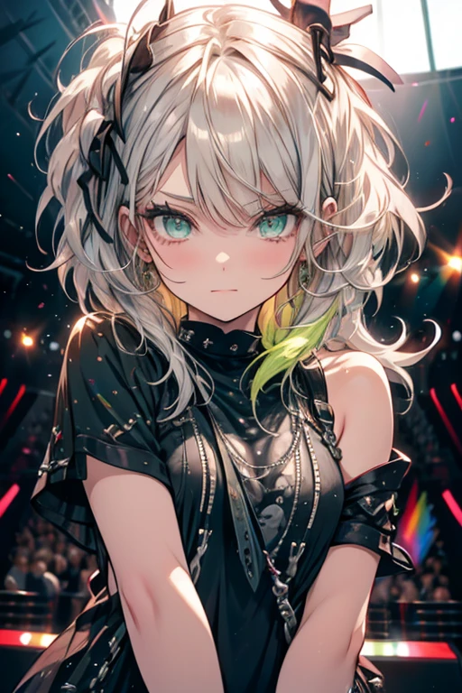 A silver haired female rockstar with green eyes is hugging a fan behind the stage