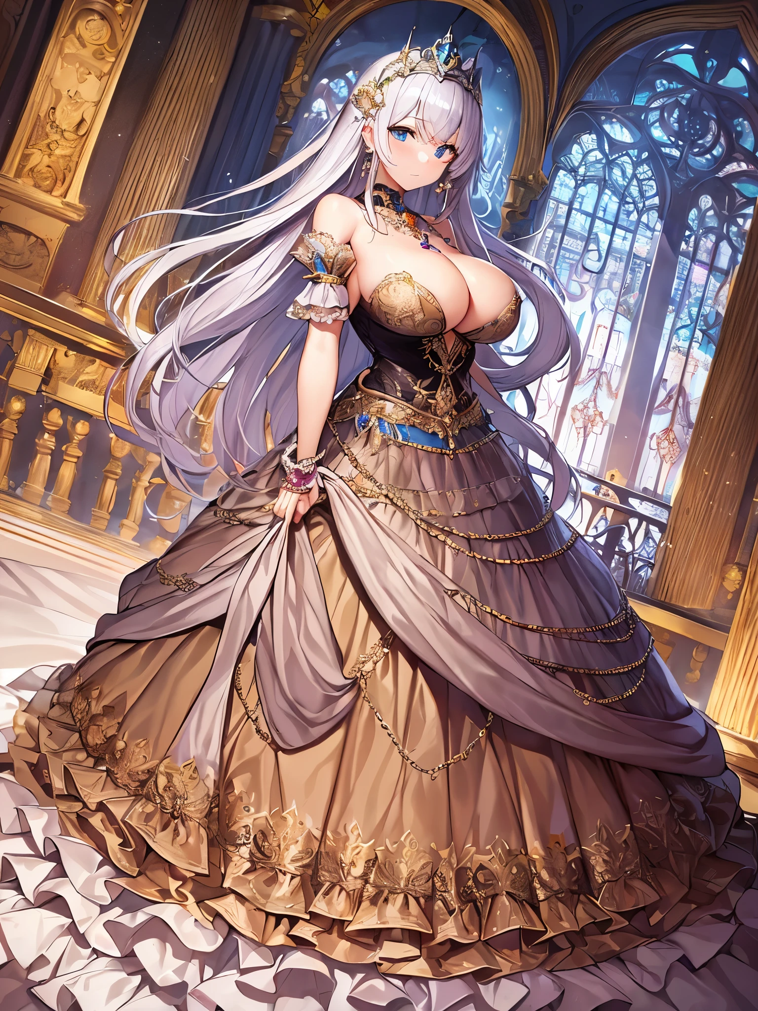 ((anime artstyle)),(Masterpiece),(Best Quality), (Super Detail),((Very Delicate and Beautiful)),(((Solo))),((full body)),(((1 princess in gorgeous princess rococo ball gown with voluminous hoop skirt))),((crinoline)),Long train,((bling-bling)),((beautiful embroidery and jeweled ball gown dress)),(gorgeousfull embroidery and lace),(gorgeous gemstone jewelry),detailed face and eyes,jewel-like eyes,((extremely voluminous straight Hair,Very Long Straight Hair)),(((gigantic boobs))),cleavage,gorgeousfull hair ornament,((gorgeousfull glitter jeweled tiara)),throne room,(standing in castle ballroom),luxury palace,((Dynamic Angle)),Looking at viewer,((gorgeous princess rococo ball gown with voluminous hoop skirt)),full body