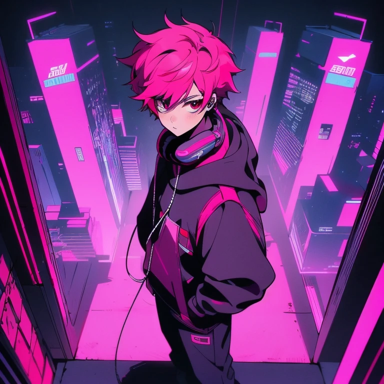 (short-cut), (Two-block hair), (vivid pink hair), (male character), (Red Eyes), (Cool pose), (of the highest quality), (​masterpiece), (ultra-detailliert), (Oversized hoodies), (Street), (neons), (Camera from low angle), (Modern City), (neonsデイライト), (Cinematic), (Stylish), (hight resolution), (Hyper Detailed), (Looking at the camera), (Anime-style), (Softtown), (nightcore), (a handsome man), (Listening to music through headphones), (natural appearance of the building), (casual), (ig studios anime style), (Standing Pose),  (multi-angle view),