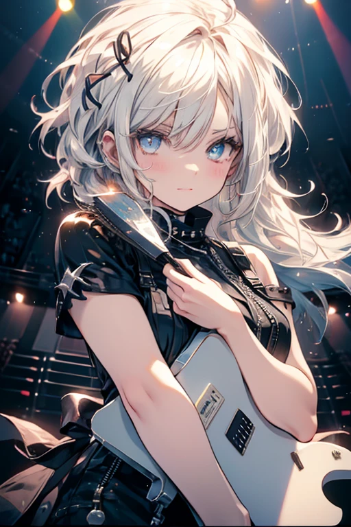 A white haired female rockstar with blue eyes is hugging a fan behind the stage