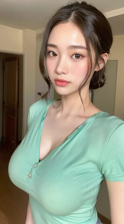 ((Best Picture Quality, 8k, tmasterpiece:1.3)), 1girll, (Casual hairstyle, larger Breasts:1.2), Open V-chest shirt:1.1, , plumw,Ultra-fine face, 詳細な目, 二重まぶた,is shy:2,Home,looking at viewer,