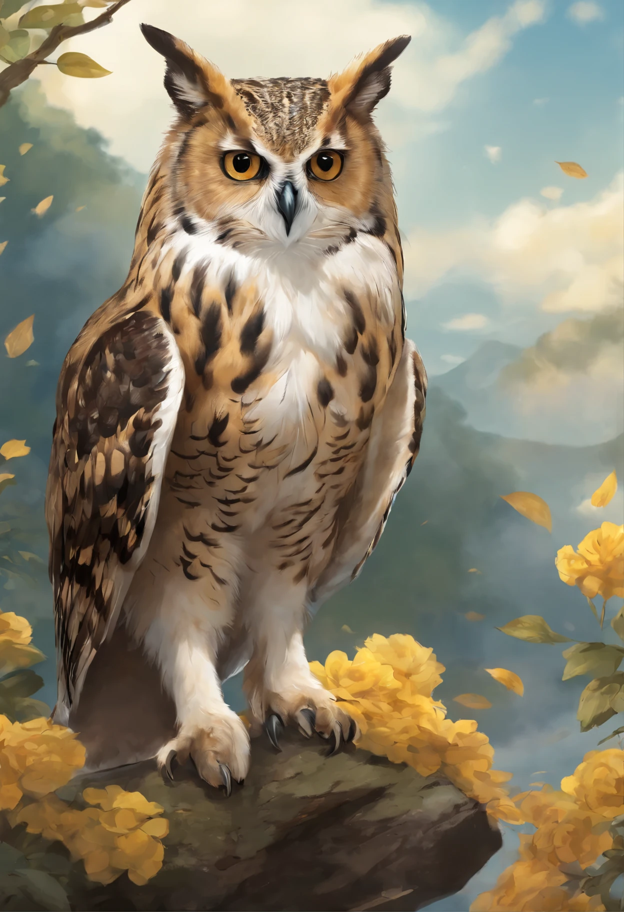 Close-up of an owl+cat, Color (rusty, yellow, black) owl babies+cat, owlets+cats, fluffy clouds, casimir art, illustration of shigenori soejima, boris valejo. Smiling Russian Spaniel, Detailed drawing of an anime character, detailed anime key figure, Granblue Fantasy, Beautiful owl+cat in demon slayer art, Taisho Roman, A clear portrait of an RPG, Masamune Shiro, anime key figure