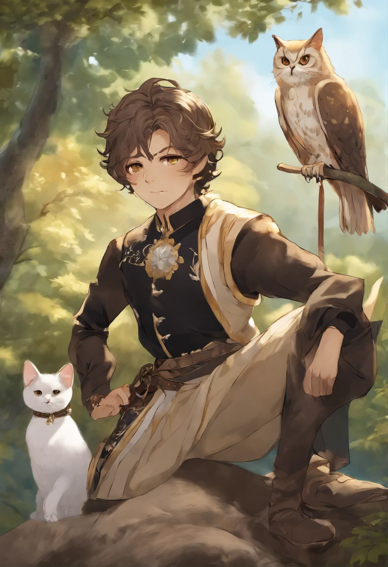 Close-up of an owl+cat,  Color (rusty, yellow, black)  owl babies+cat, owlets+cats, fluffy clouds, casimir art, illustration of shigenori soejima, boris valejo. Smiling Russian Spaniel, Detailed drawing of an anime character, detailed anime key figure, Granblue Fantasy, Beautiful owl+cat in demon slayer art, Taisho Roman, A clear portrait of an RPG, Masamune Shiro, anime key figure