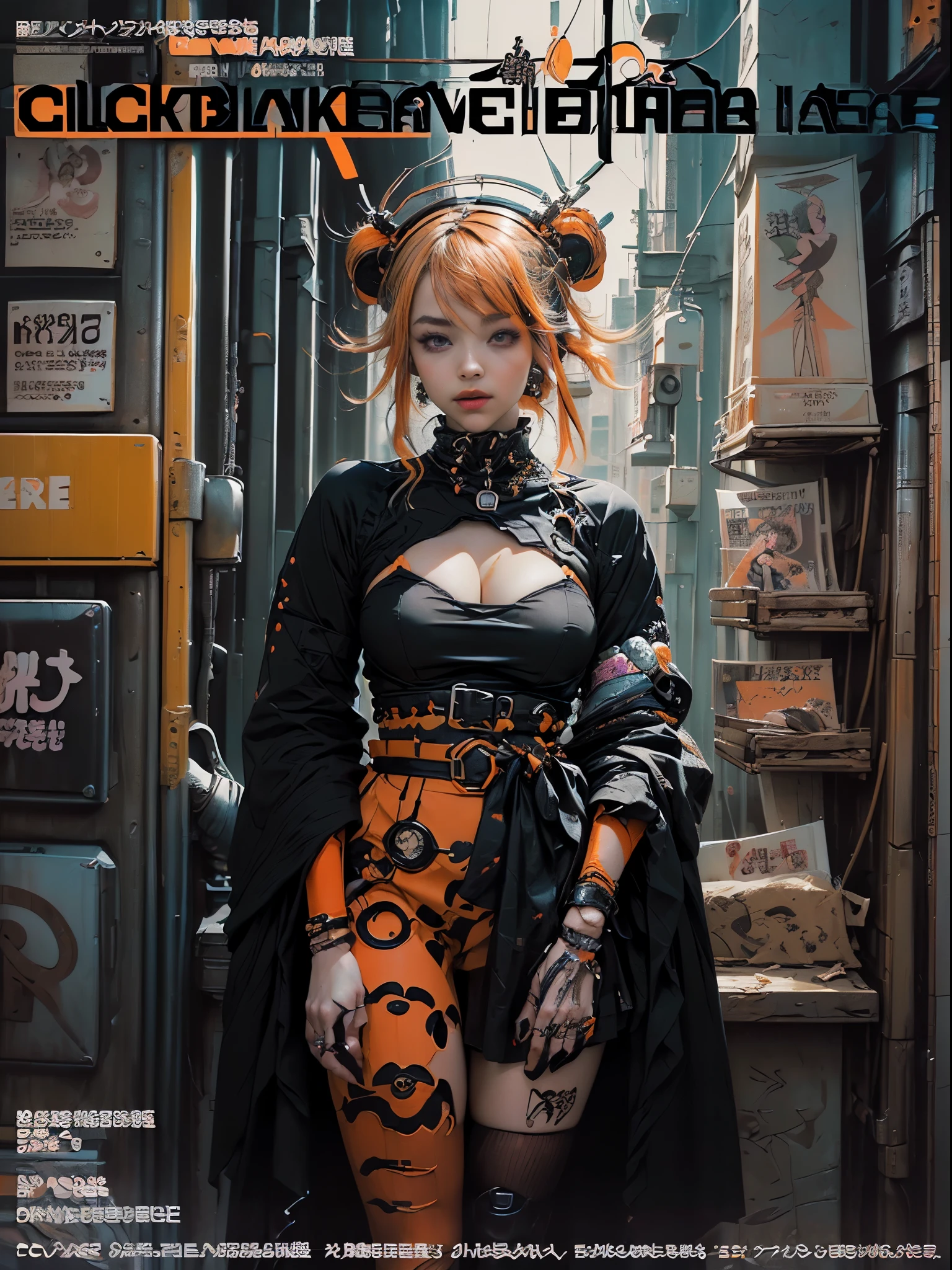 Flowing_contour biomechanical__cybernetic_airbrush___Strange__(((Japanese Harajuku style Fashion_((((Magazine_cover), (black and orange Harajuku style clothing), bright colors)))__art_decor_Border)))__porcelain_and_Platinum / Futuristic Cyberpunk woman with porcelain skin, (cybernetic implants.)