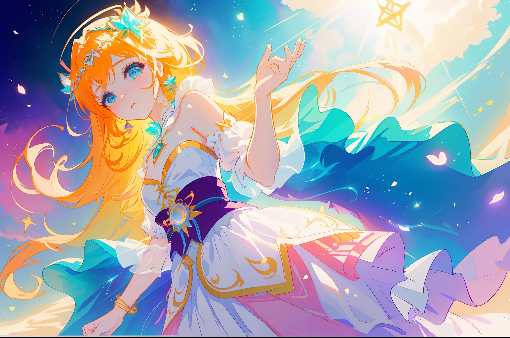 beautiful girl, vestido de gala de princesa escalonado hinchado, Colores pastel vibrantes, (De color), magica lights, Cabello largo y marron suelto, inspired por Glen Keane, inspired por Lois van Baarle, Estilo de arte de Disney, por Lois van Baarle, aura brillante a su alrededor, por Glen Keane, Jen Bartel, Luces brillantes! Pintura digital, beautiful digital illustration, Antecedentes de fantasy, Caprichoso, magica, fantasy, Cara hermosa, ((Obra maestra, La mejor calidad)), Detalles intrincados, Altamente detallado, foco nítido, 8K resolution, Ojos brillantes y detallados
