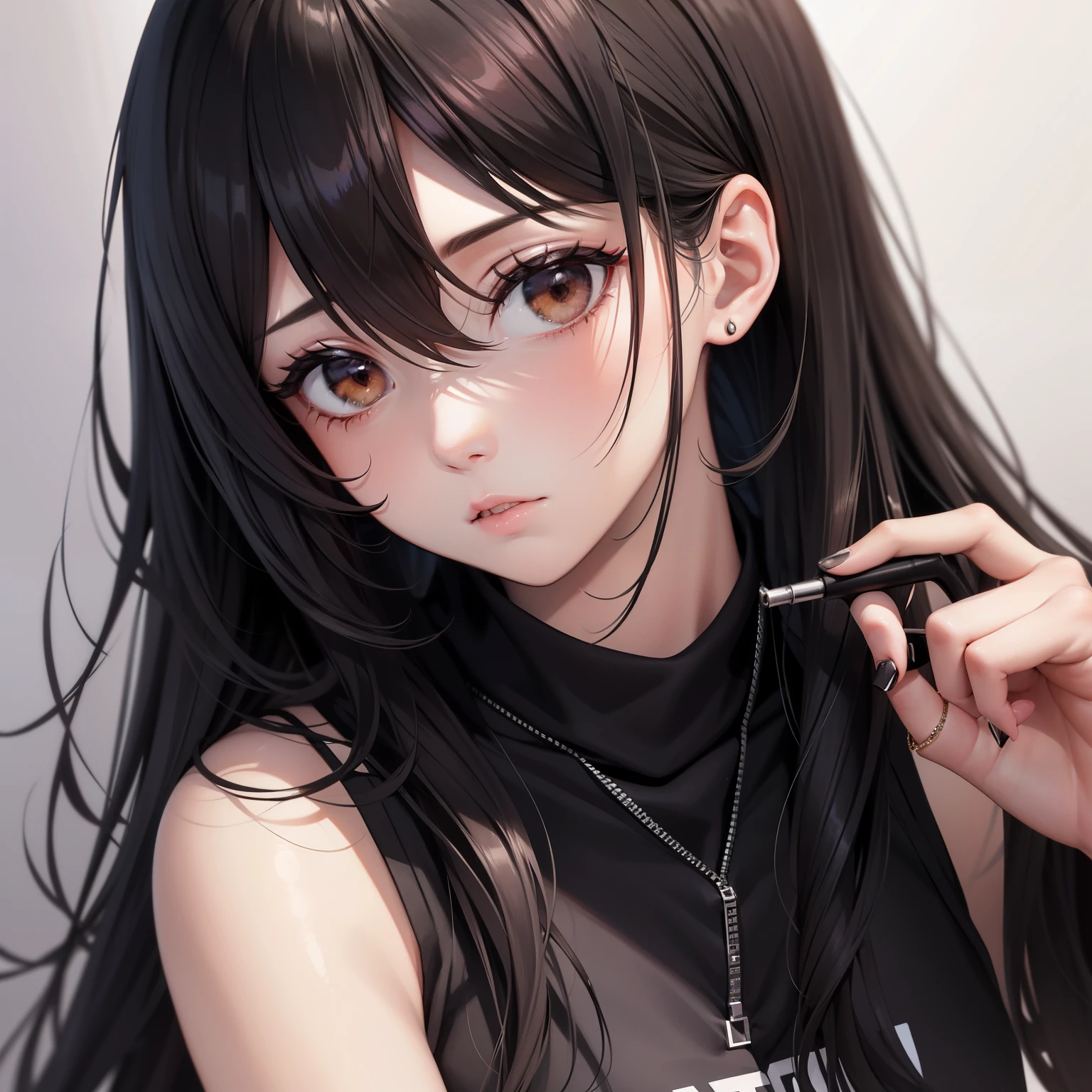 Anime girl with long black hair and a black top - SeaArt AI