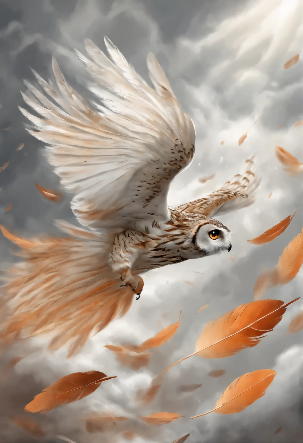 Close-up of falling owl feathers, Color (White, Brown, Orange,gray in color, Colored) Spinning, fall with the clouds, wind feather, fluffy clouds, casimir art, illustration of shigenori soejima, boris valejo. Detailed drawing