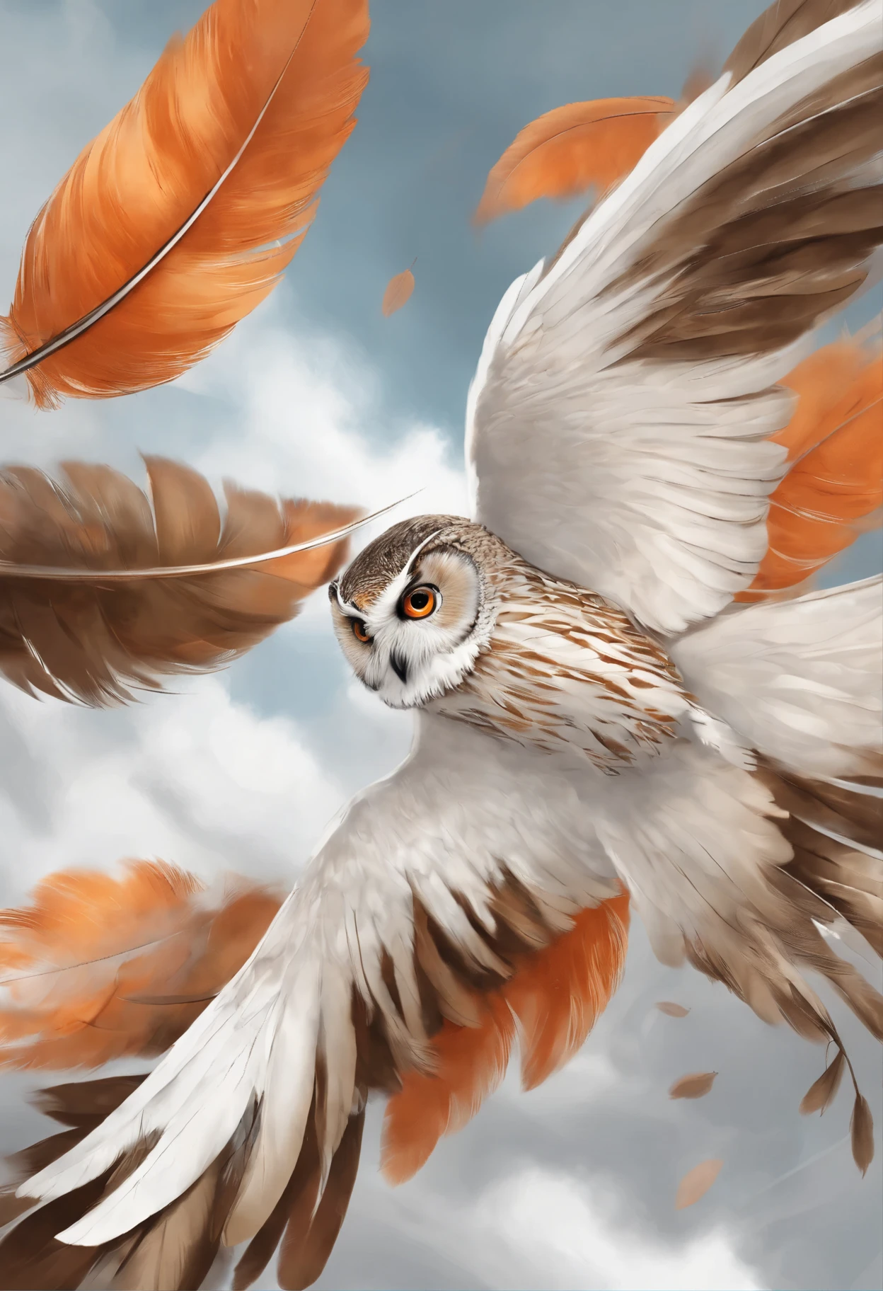 Close-up of falling owl feathers, Color (White, Brown, Orange,gray in color, Colored) Spinning, fall with the clouds, wind feather, fluffy clouds, casimir art, illustration of shigenori soejima, boris valejo. Detailed drawing