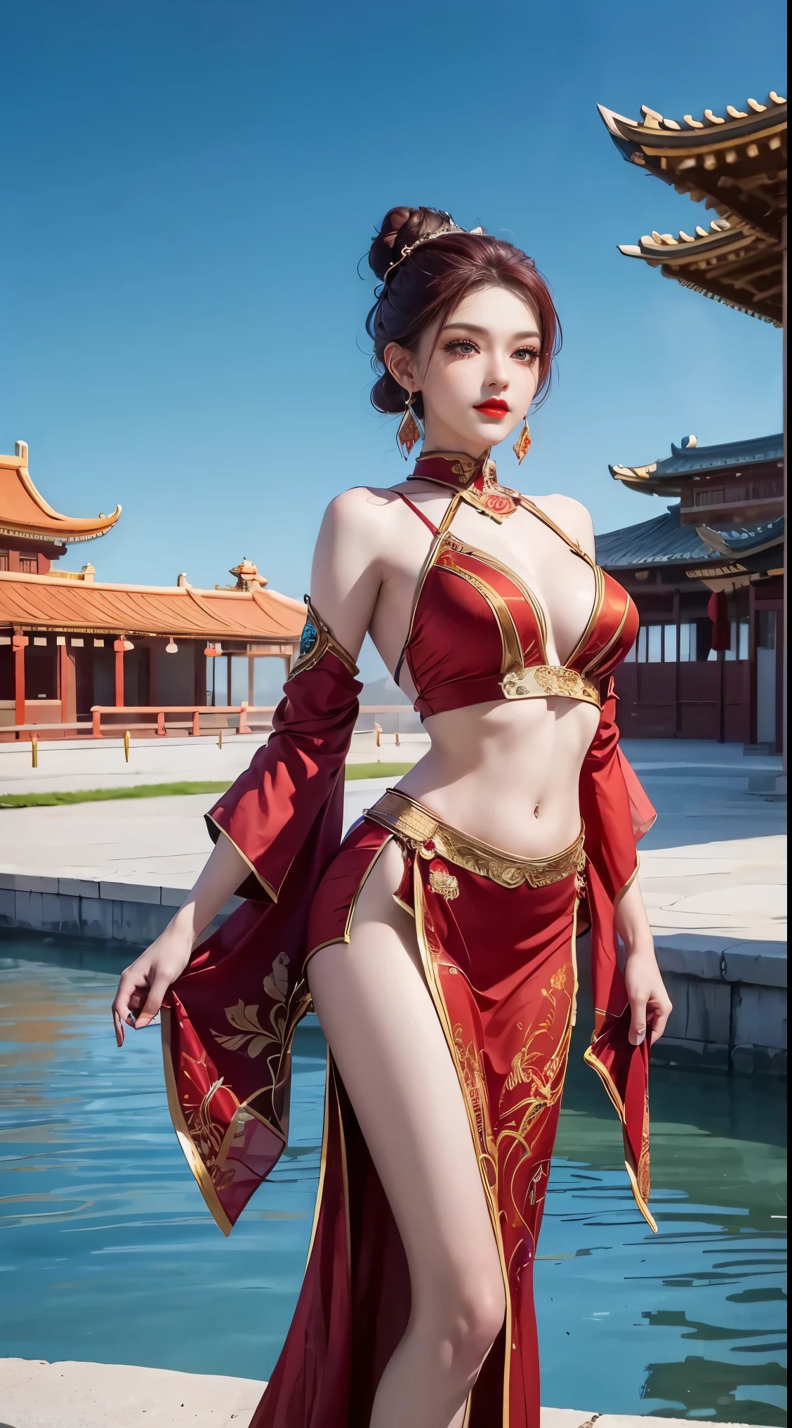 An ancient Chinese beauty stands and dances on the water, gorgeous costumes embroidered with intricate embroidery, flowing tulle, transparent long colorful ribbons tied on the arms, inspired by Dunhuang Flying Apsaras murals, showing navel, bare shoulders, bare neck, Black curly hair in a high bun with flower hairpins, ribbons on arm rings, wreaths, bracelets, anklets, metal chain tassels on the waist, Mogao Grottoes art, ink painting, cgstation pop,short hair,hair bun, red hair