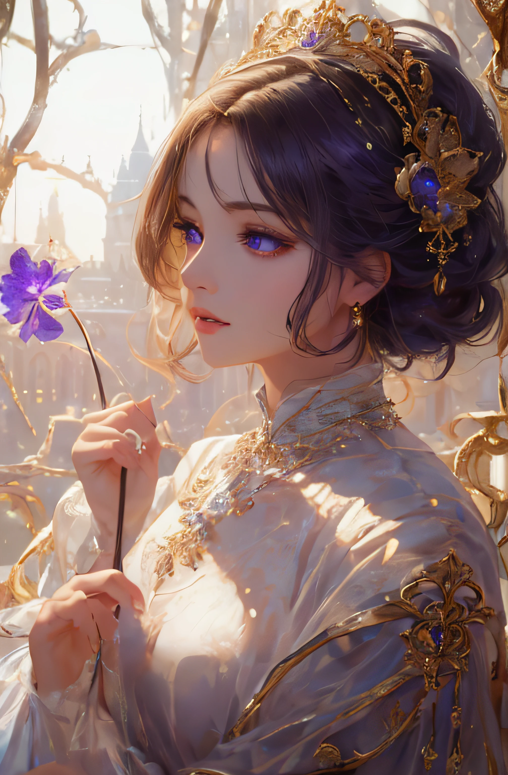You can see the castle、Looking at the camera、The face is front、profile、8K、realphoto、超A high resolution, Master Parts, Best Quality, nffsw , cinematic images,Lovely girl、ann、16 only、annグロサクソン、二重まぶた、drooing eyes、Very big eyes、Eyes purple、Dark eye shadow、The lips are very thin、The tip of the nose stretches beautifully......................................................、the tip of the nose is small,,,,, ighly detailed , Silver hair、Straight short hair、ssmile、 Sweet look 、a very beautiful woman、legs are long、 Very clear shadows , jewely , A sexy , A detailed eye, very intricate, shiny skins , パーフェクトブリリannト, Perfect Lighting, Dramatic shadows、White tiara on head、Gold necklace around the neck、White aristocratic dress with gold embroidery、