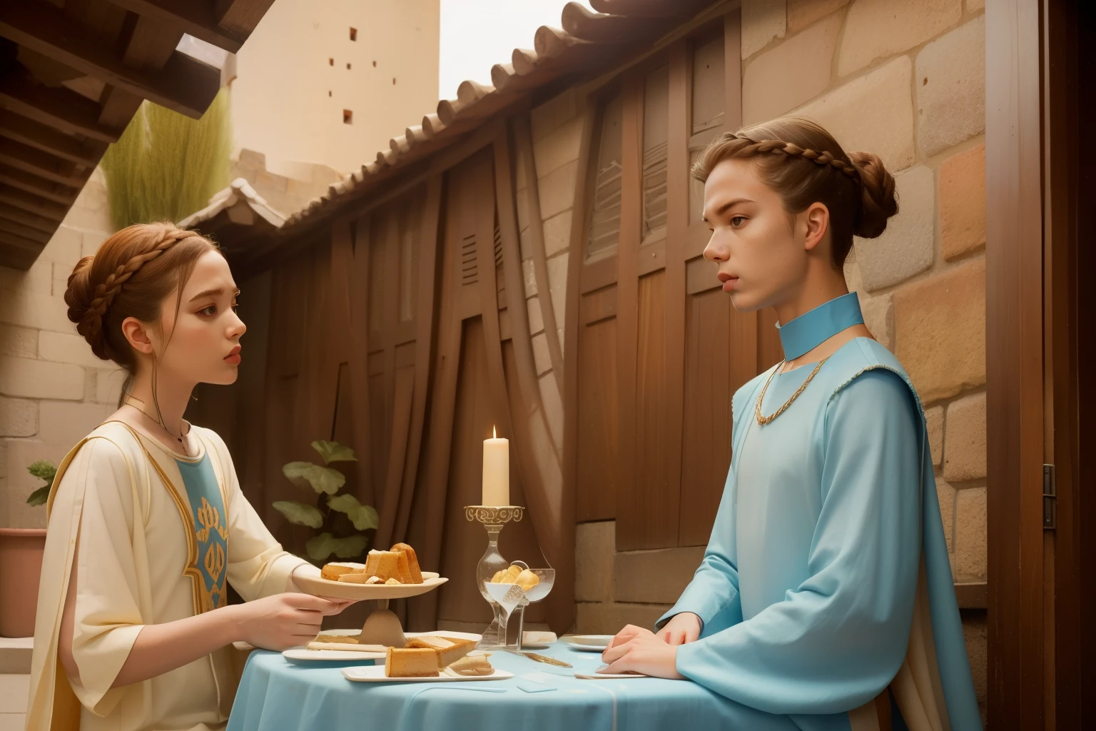 1144, Toledo, Spain. otherworldly scene in a medieval villa, patio, ((((20-year-old)) Cameron Monaghan)), having lunch with friends, ((((poor plain tunic from the 12th century)))), ((Hairstyle of the 12th century)), ((Wes Anderson cinematic style)), colorful