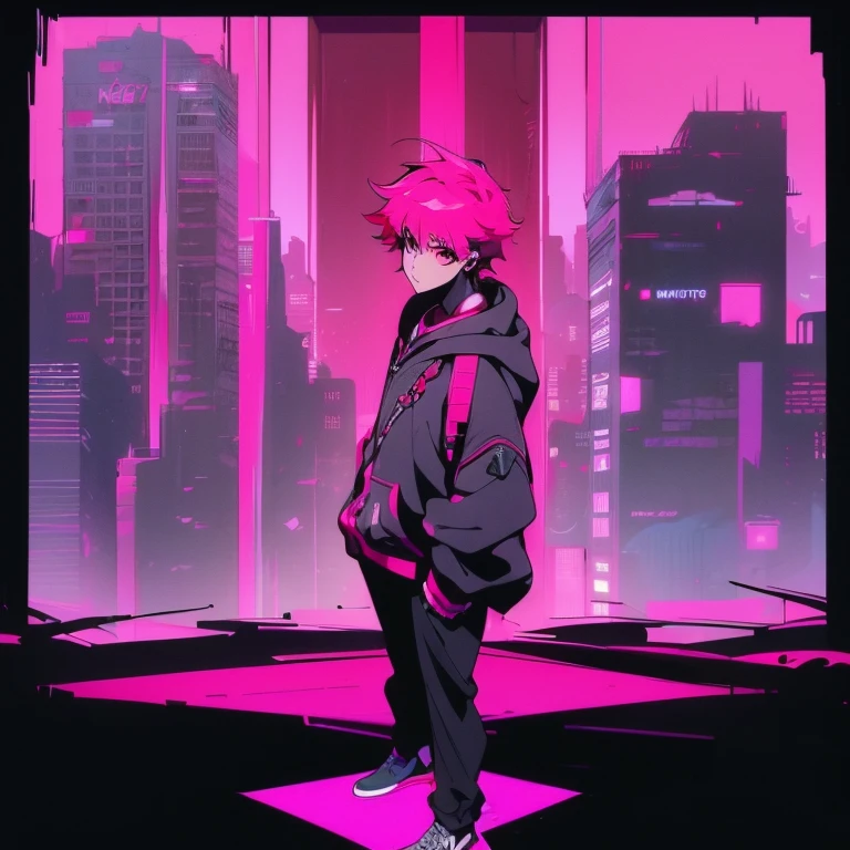 (short-cut), (Two-block hair), (vivid pink hair), (male character), (Red Eyes), (Cool pose), (of the highest quality), (masterpiece), (ultra-detailliert), (Oversized hoodies), (Street), (neons), (Camera from low angle), (Modern City), (neonsデイライト), (Cinematic), (Stylish), (hight resolution), (Hyper Detailed), (Looking at the camera), (Anime-style), (Softtown), (nightcore), (a handsome man), (Listening to music through headphones), (natural appearance of the building), (casual), (ig studios anime style), (Standing Pose), (multi-angle view),