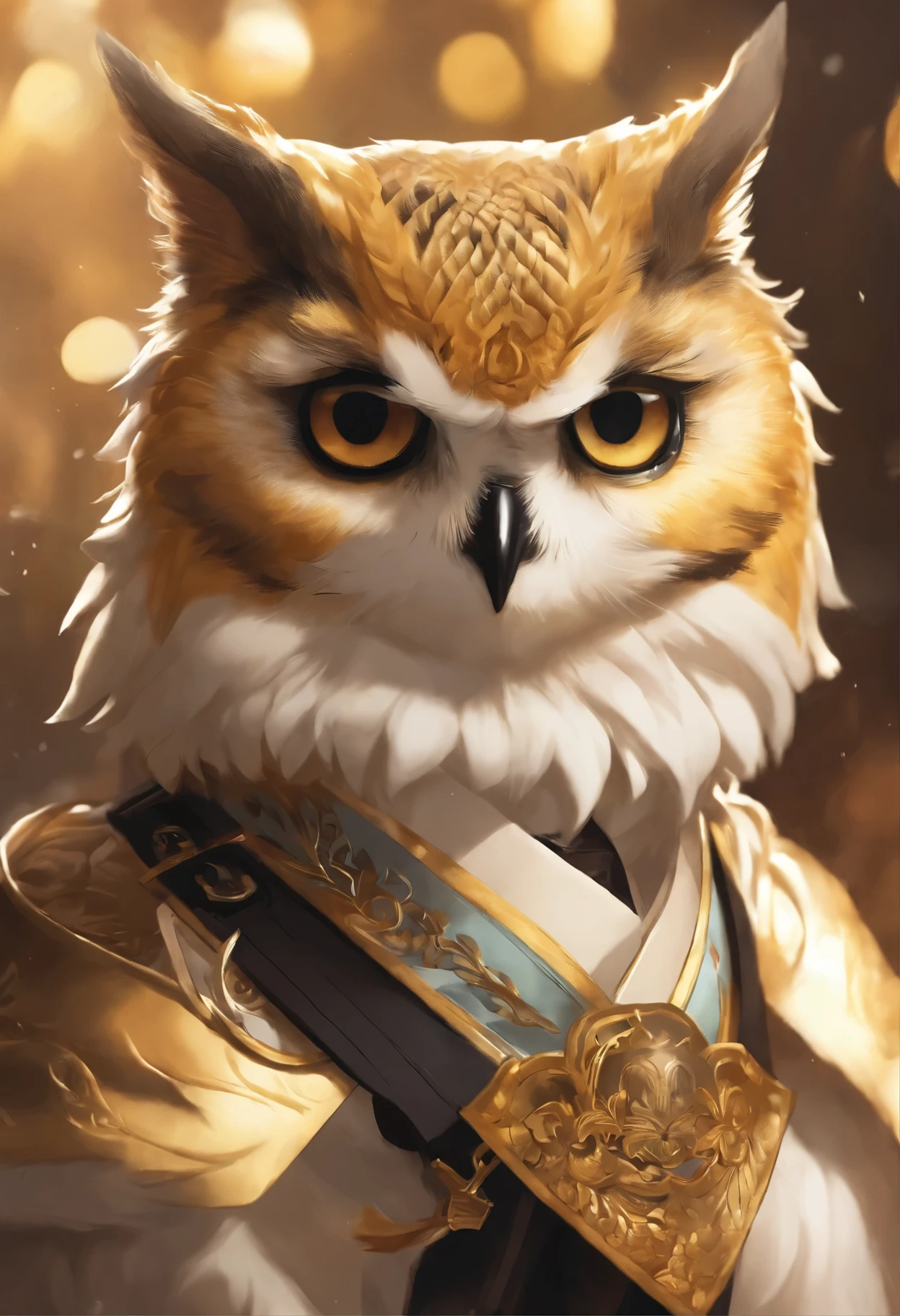 Close-up of an owl+cat,  Color (rusty, yellow, black)  owl babies+cat, owlets+cats, fluffy clouds, casimir art, illustration of shigenori soejima, boris valejo. Smiling Russian Spaniel, Detailed drawing of an anime character, detailed anime key figure, Granblue Fantasy, Beautiful owl+cat in demon slayer art, Taisho Roman, A clear portrait of an RPG, Masamune Shiro, anime key figure