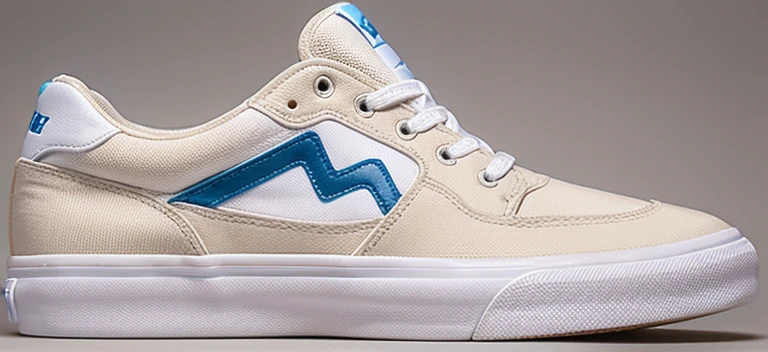 zapatilla beige de canvas con detalles en azul marino, fotorealista, suela blanca, fodo blanco, 4k, canvas sneaker