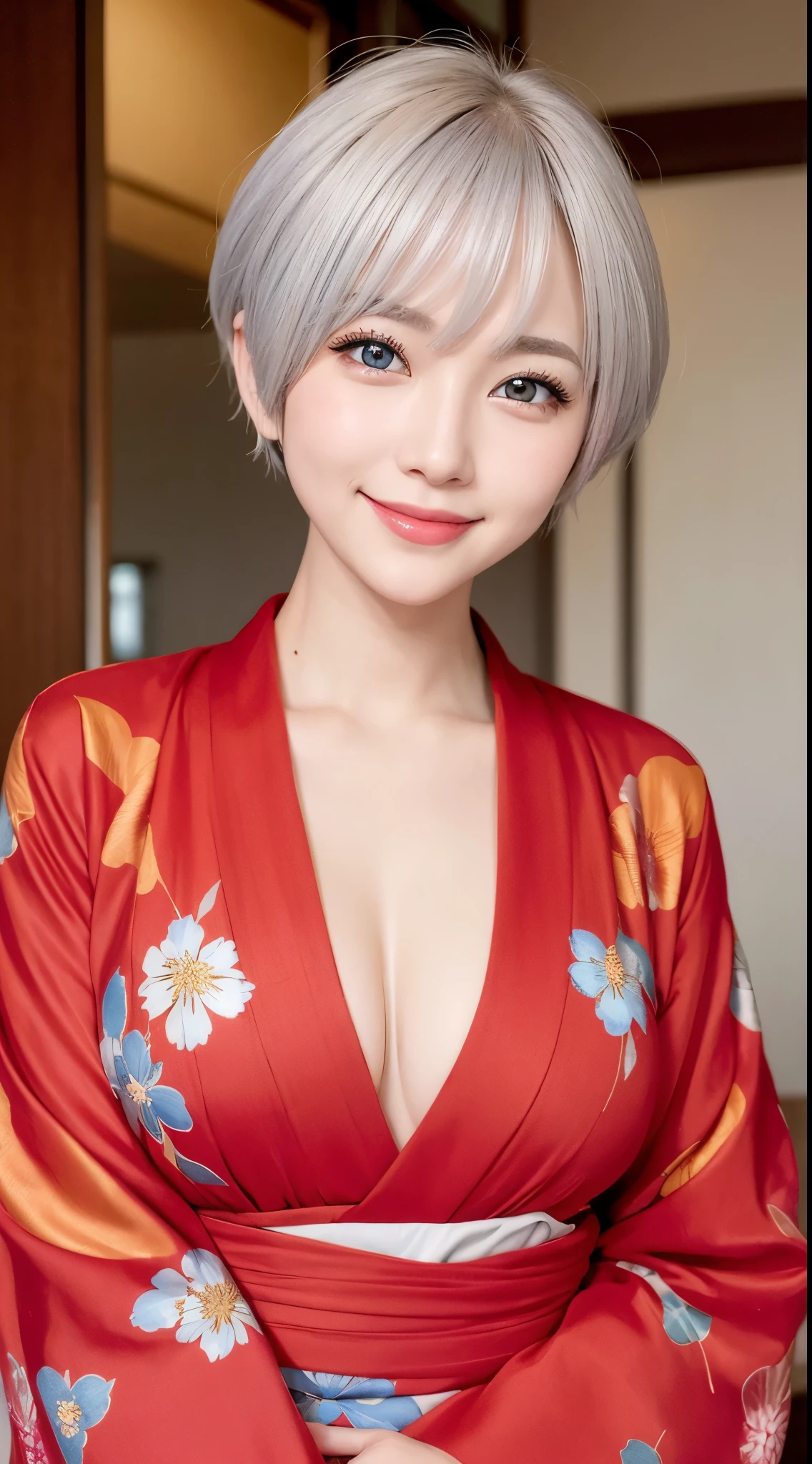 A beautiful woman in a flashy red kimono with a floral pattern、Short-cut hair with silver hair、Blue eyes、a smile、
