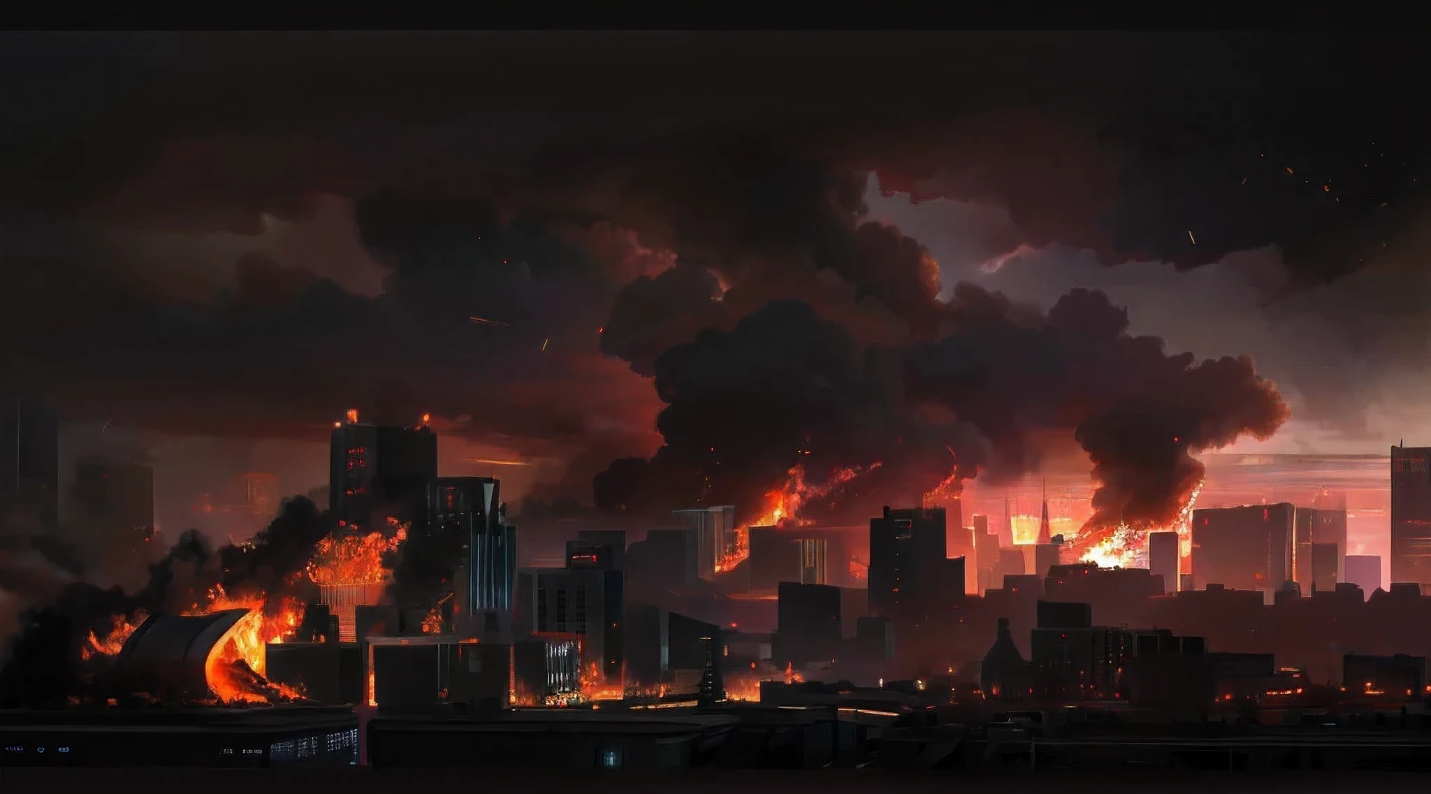 In the dark sky，Flames and smoke rise from burning city, dramatic concept-art, burning city background, dramatic lights. concept-art, digital concept-art of dystopian, dark cinematic concept-art, city destroyed by fire, dystopian background, apocalyptic environment, The City of Doom, The City of Doom backround, Doomsday scenariory, The city in the distance is on fire, Doomsday scenario, Scenery of Tianqi City，Ultra-high fineness，(without humans)