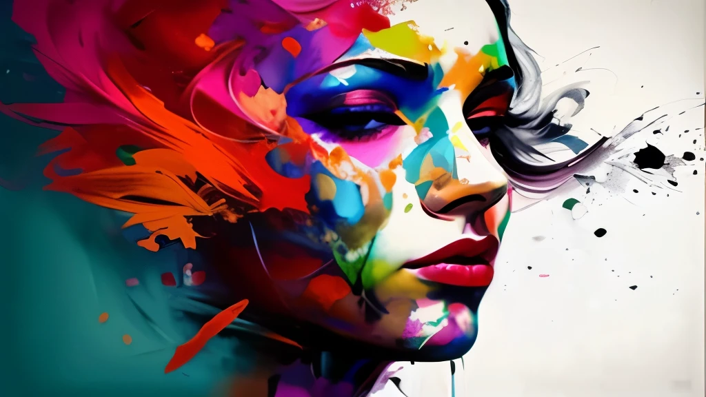 uma mulher com tinta colorida no rosto e no rosto, pintura bonita expressiva, gotejamento com cor, art painting, Imagem colorida, cores expressivas vibrantes, Arte colorida, pintura colorida, face abstrata, face submerged in colored oils, arte colorida, arte colorida bonita!, pintura colorida, Resumo de alta qualidade, Nielly, Oil paint and spray paint, pintado em aquarelas brilhantes