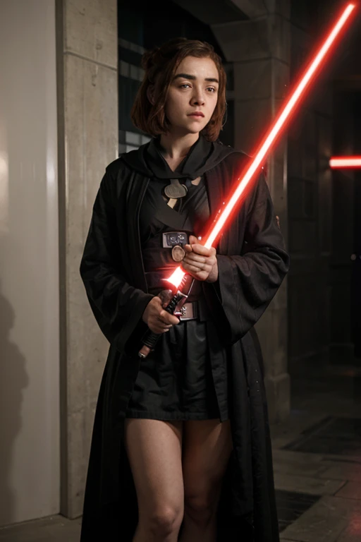 Maisie Williams, she is a Sith, dressed in black robes, holding a red lightsaber.