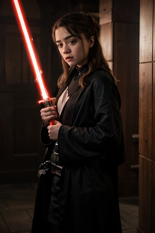 Maisie Williams, she is a Sith, dressed in black robes, holding a red lightsaber.