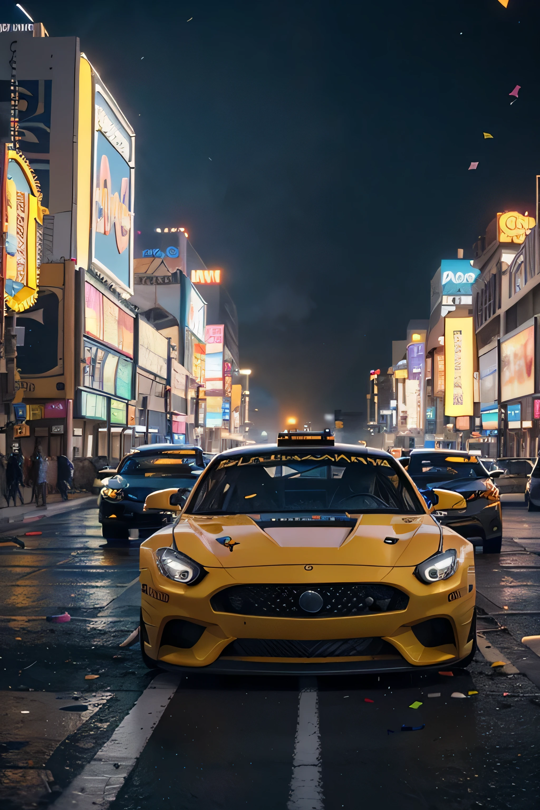 bright sunny day beautiful sunset black sky sports car racing down cyberpunk Las Vegas city streets neon signs and crowds confetti debris dust wind mist volumetric exciting epic action camera, (obra-prima: 1.2) (fotorrealista: 1.2) (Bokeh) (melhor qualidade) (pele detalhada ) (intricado) (8k) (HDR) (cinematic lighthing) (foco nítido)