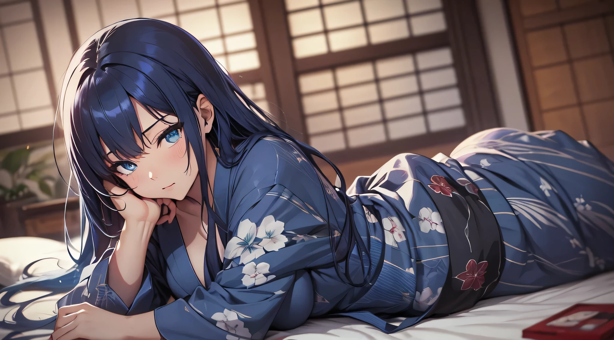 top-quality、Top image quality、​masterpiece、teens girl((18year old、 Ager、Best Bust、Medium bust,wide open breast tea、light blue eyerest, Black and light blue hair、A slender,Large valleys、dye one's cheeks red、disheveled black yukata、Sit up、Being drunk、Bright red in the face、Disturbed pose、sexypose、Seduction poses、all-fours、Leaning forward)),hiquality、Beautiful Art、Background with((Ryokans in Japan、Night Hostel、Ryokan rooms、Tatami mats、Sake、dark ilumination、futon bedding/bed linen set、depth of fields、movie、