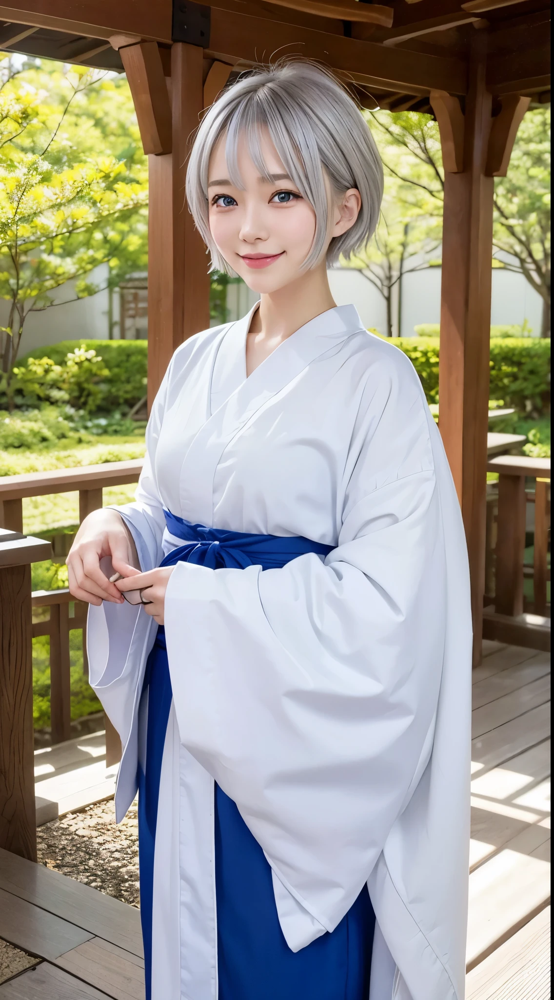 beautiful shrine maiden、、Short-cut hair with silver hair、Blue eyes、a smile、