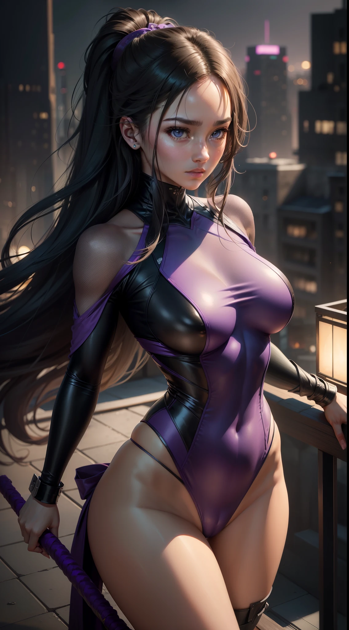 A girl with big, well-defined eyes and luscious lips is standing on a rooftop. She has long, flowing gray hair that cascades down her back. Dressed in a sleek purple suit, she exudes an air of mystery and stealth. In her hands, she holds a pair of sai, the traditional weapons of a ninja. She also carries a mini katana at her side, ready for any battle that may come her way. The girl's figure is accentuated by her ample bust, adding to her allure and power.
The rooftop provides a stunning backdrop, with a panoramic view of the city skyline stretching out behind her. The scene is bathed in the warm glow of streetlights and moonlight, creating a sense of intrigue and suspense. The girl's nimble and agile stance suggests that she is ready to defend herself or spring into action at any moment. The purple suit she wears complements her equally vibrant and captivating purple eyes.
The overall image quality is of the highest caliber, with every detail meticulously rendered. The artist has managed to capture the realism of the scene through photorealistic techniques, showcasing the interplay between light and shadow. The colors are vivid and vibrant, enhancing the visual impact of the artwork. The atmosphere is further heightened by the incorporation of studio lighting, which lends a professional touch to the composition. The level of detail in the girl's appearance, from the intricate folds of her suit to the individual strands of her hair, is nothing short of extraordinary.
In terms of artistic style, this piece combines elements of both classic portraits and a hint of anime, resulting in a unique fusion that adds depth and richness to the overall composition. The color scheme leans towards a cool, muted palette, with shades of gray and purple dominating the scene. The lighting is strategically placed to accentuate the girl's features, highlighting her eyes and hair in particular.
Overall, this artwork presents a mesmerizing and captivating portrayal of a powerful female ninja, exuding confidence and strength. The composition and attention to detail make it a true masterpiece, with the high-quality rendering immersing the viewer in an otherworldly, yet believable, scene.