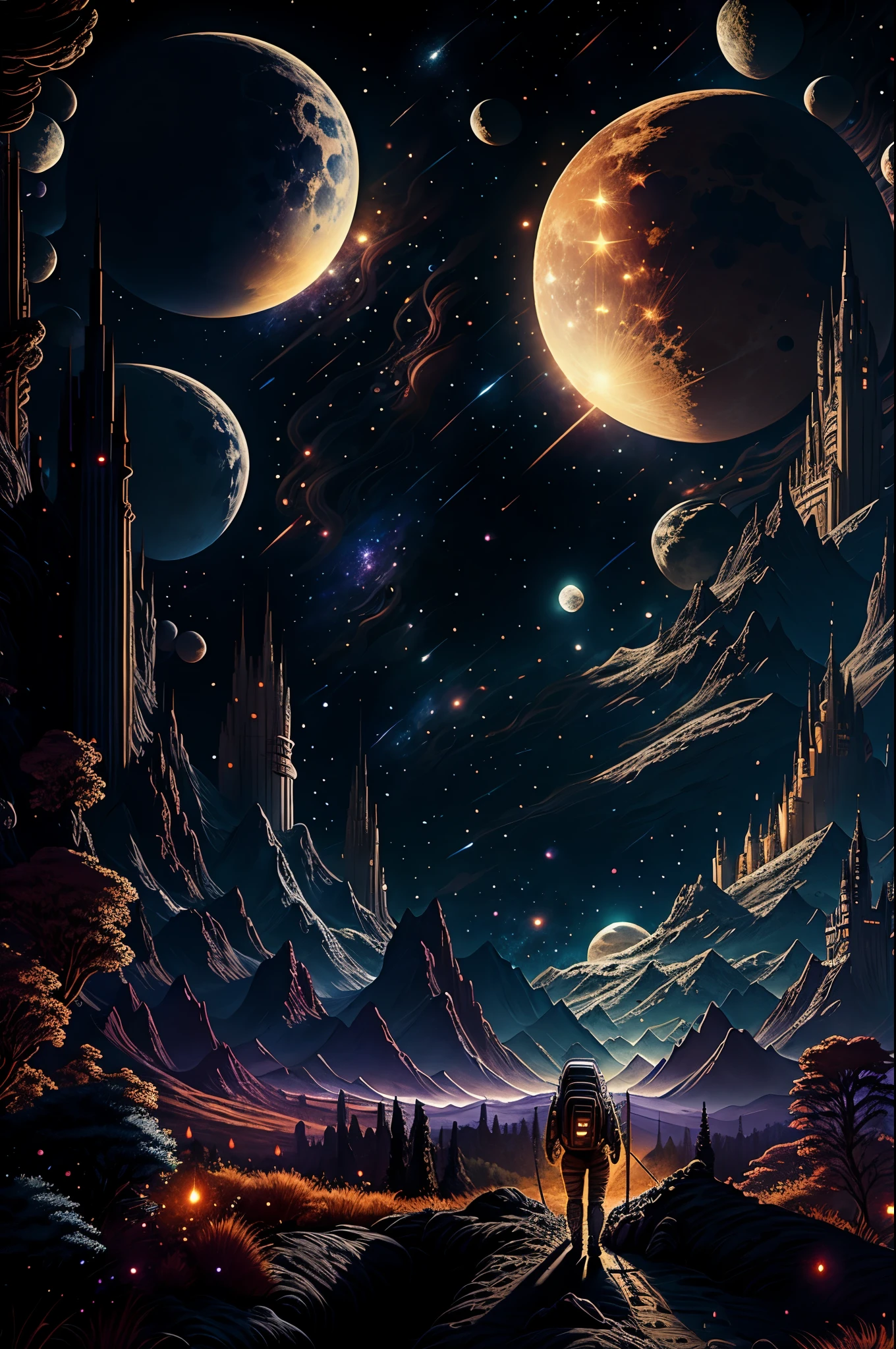 galactic travel style, moon, castle