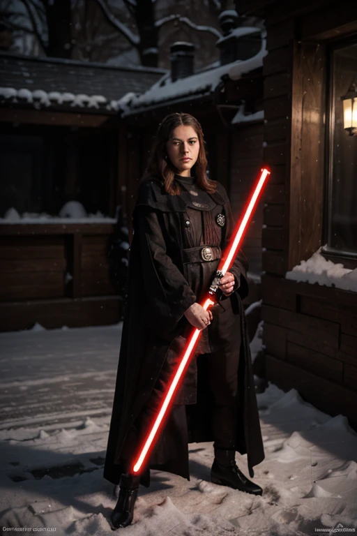 she is a Sith, dressed in black robes, holding a red lightsaber, in Winterfell.