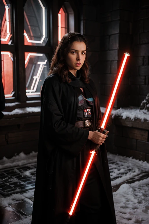 she is a Sith, dressed in black robes, holding a red lightsaber, in Winterfell.
