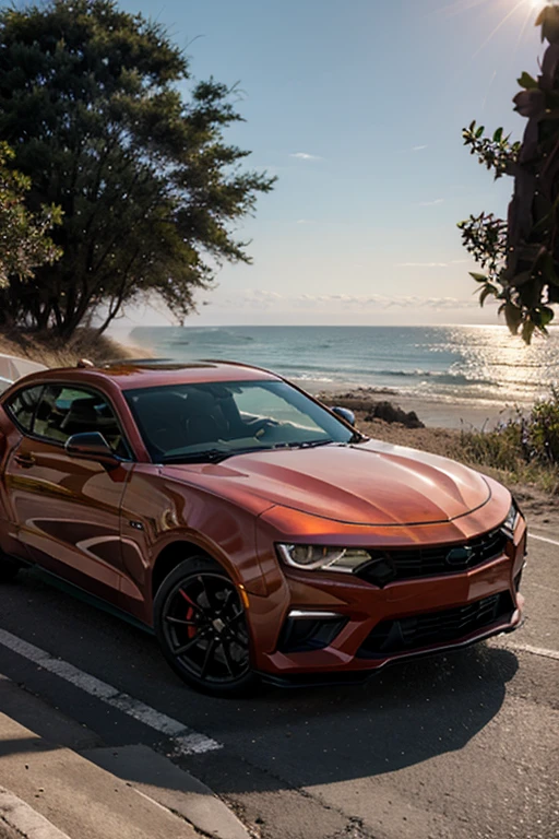 crie um Camaro realista, bem detalhado, com uma pessoa no capo do carro olhando para o nascer do sol na praia,4k,cinema