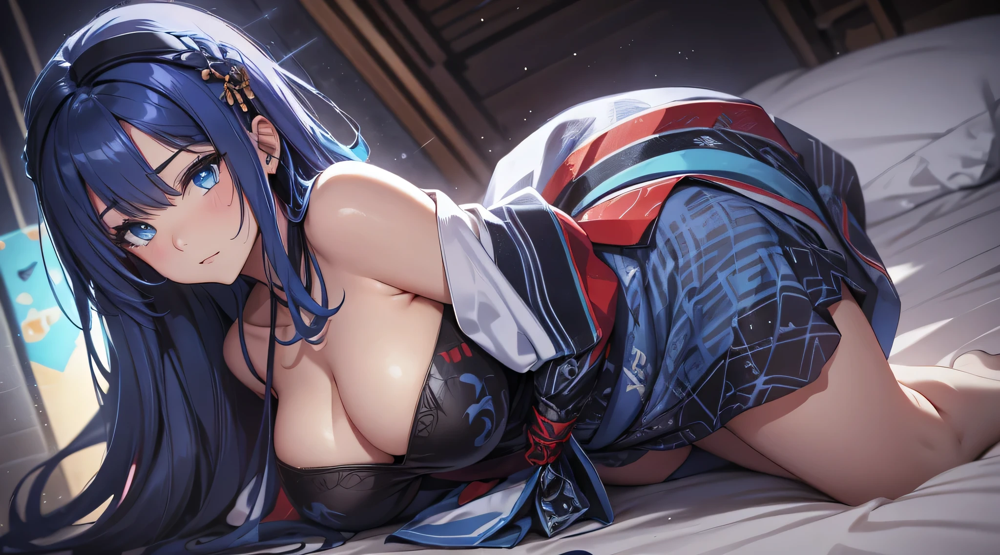 top-quality、Top image quality、masterpiece、s girl((18year old、 Ager、Best Bust、Medium bust,wide open breast tea、light blue eyerest, Black and light blue hair、A slender,Large valleys、dye one's cheeks red、disheveled black yukata、stand up、Being drunk、Bright red in the face、Disturbed pose、sexypose、Seduction poses、all-fours、Leaning forward)),hiquality、Beautiful Art、Background with((Ryokans in Japan、Night Hostel、Ryokan rooms、Tatami mats、Sake、dark ilumination、futon bedding/bed linen set、depth of fields、movie、