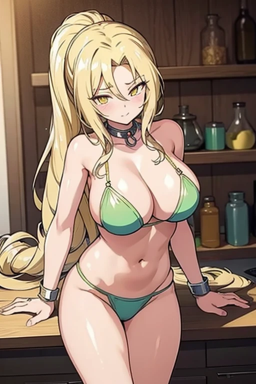 1girl, mature female, masterpiece, mistress, goddess,verylong_hair,blonde_hair,standing, yellow eyes, large breast, sexy, green bra, green lingerie, green underwear, cum in pussy, breast milk,